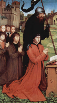 Triptych of Willem Moreel, left wing, the founder Willem Moreel, his sons and St. William of Maleval by Hans Memling — hand-painted cultural oil painting reproduction on canvas