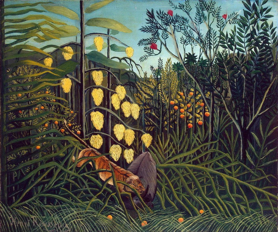 Tropical Forest: Battling Tiger and Buffalo by Henri Rousseau — hand-painted abstract oil painting reproduction on canvas