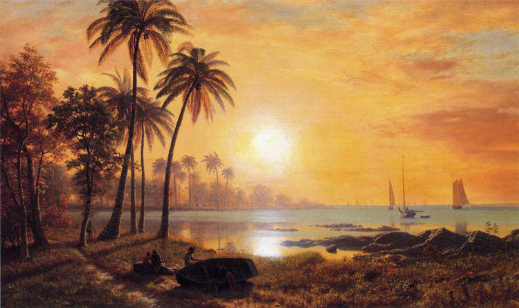 Tropical Landscape with Fishing Boats in Bay - Albert Bierstadt