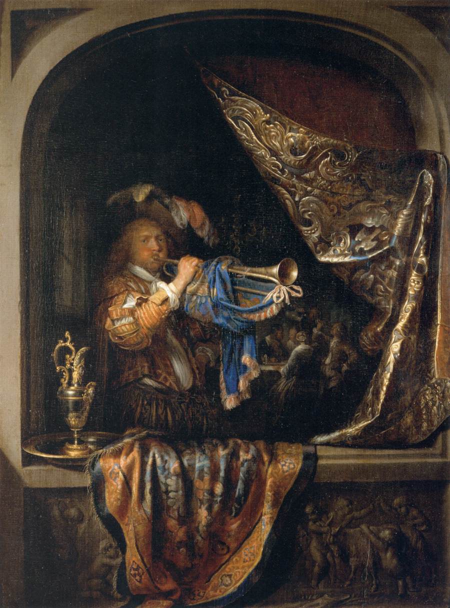 Trumpet Player in front of a Banquet - Gerrit Dou