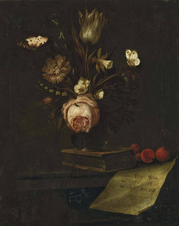 Tulip, carnation, daffodil and anemone in a vase placed on a book on a table surrounded by butterflies