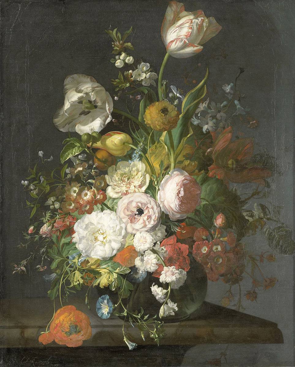 Tulips and Other Flowers in a Glass Vase - Rachel Ruysch