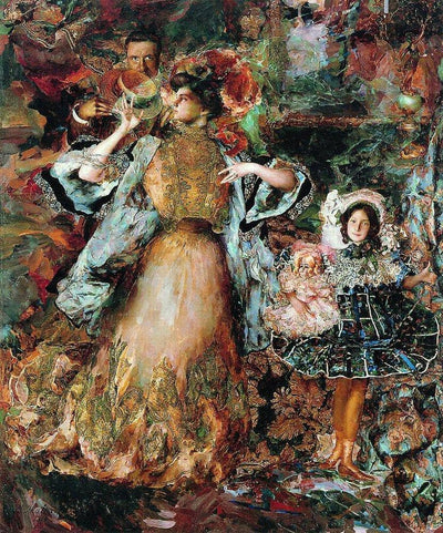 Self-portrait with wife and daughter in home office
