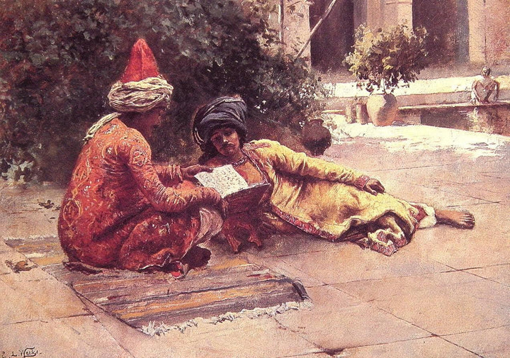 Two Arabs Reading in a Courtyard by Rudolf Ernst — hand-painted cultural oil painting reproduction on canvas