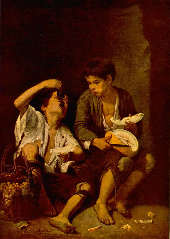 Two Boys Eating a Melon and Grapes by Bartolome Esteban Murillo — hand-painted portrait oil painting reproduction on canvas