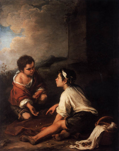 Two boys playing dice in dining room