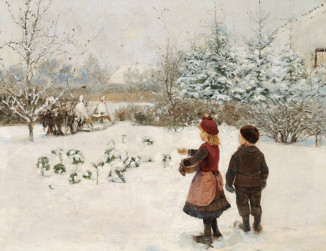 Two Children Feeding Birds in the Snow by Hans Andersen Brendekilde, hand-painted botanical oil painting reproduction on canvas