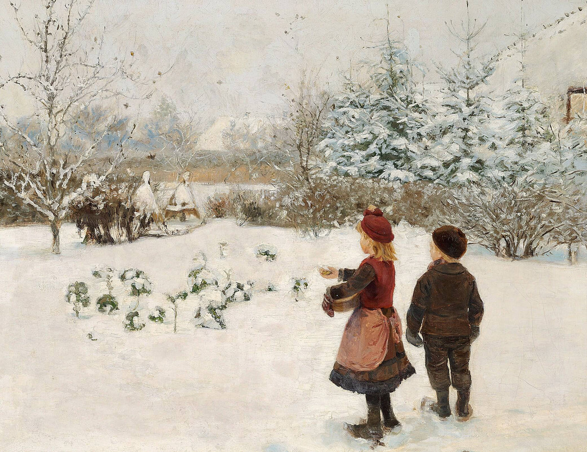 Two Children Feeding Birds in the Snow - Hans Andersen Brendekilde