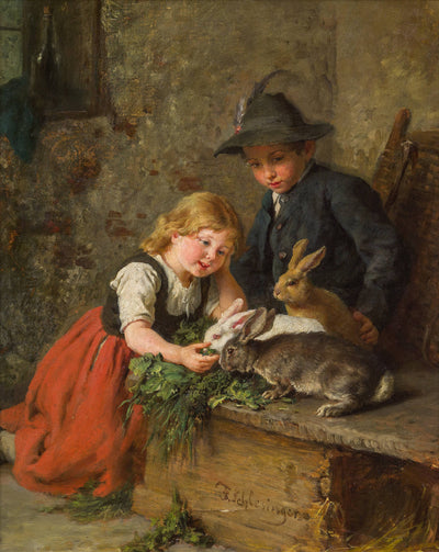 Two children feeding rabbits