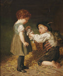 Two children with kittens in the stable by Felix Schlesinger — children oil painting wall art, Romanticism