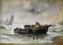 Two fishermen unloading a boat with furled sails by Andreas Achenbach — ships oil painting wall art, Romanticism