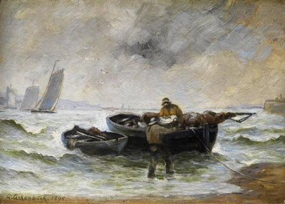 Two fishermen unloading a boat with furled sails in study