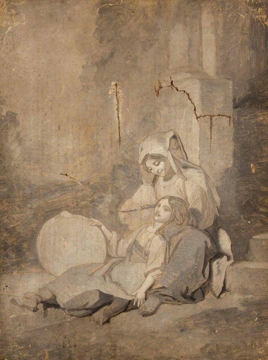 Two Girls with a Tambourine by Penry Williams — hand-painted portrait oil painting reproduction on canvas