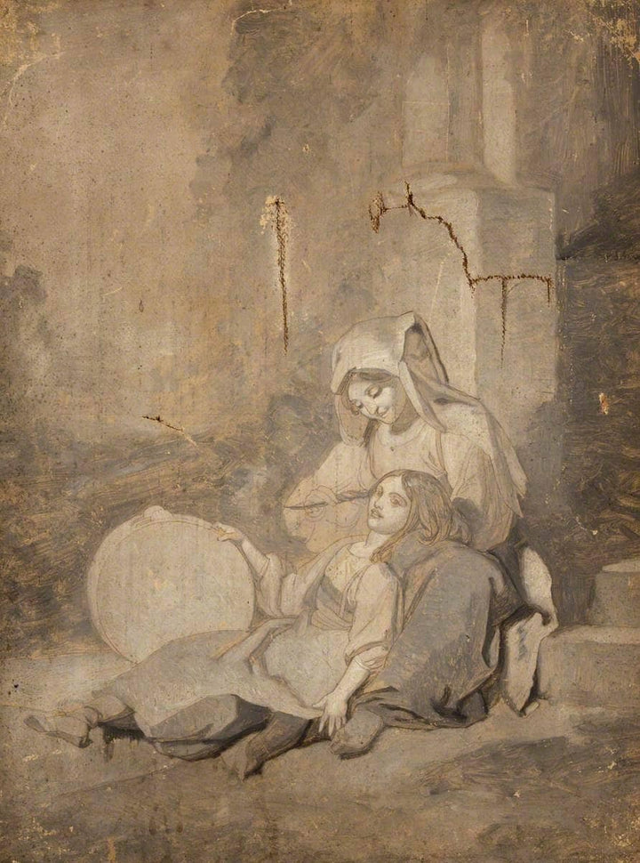 Two Girls with a Tambourine by Penry Williams — hand-painted portrait oil painting reproduction on canvas