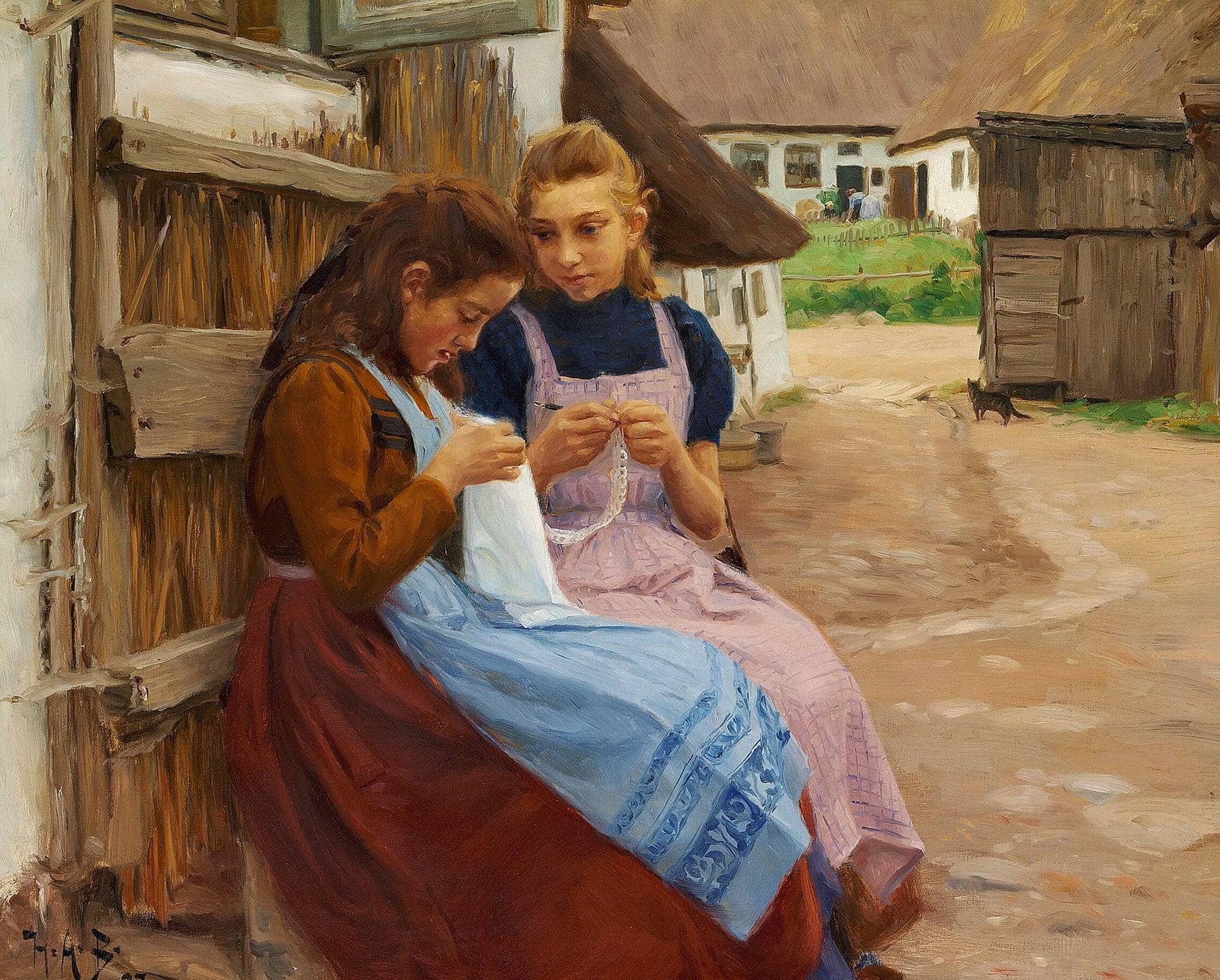 Two Girls with Needle-work Sitting in a Farm Yard