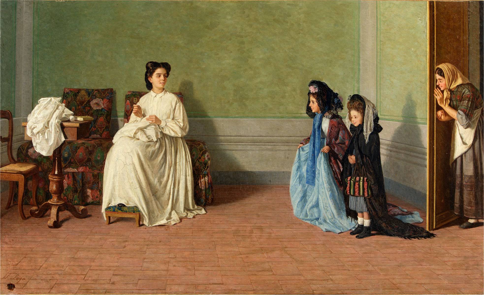 Two little girls playing ladies - Silvestro Lega