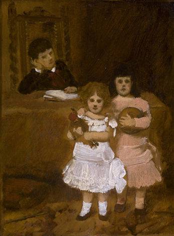 Two little girls with a ball and doll and a reading boy by Karl Gussow, hand-painted portrait oil painting reproduction on canvas