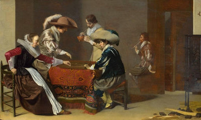 Two Men Playing Tric Trac, with a Woman Scoring in home office