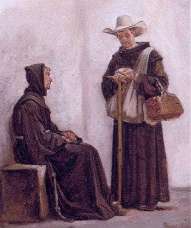 Two monks in conversation by Ernst Meyer — hand-painted portrait oil painting reproduction on canvas