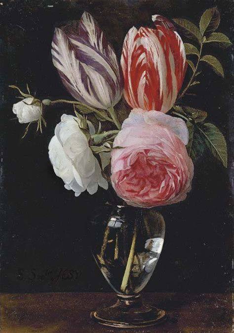 Two parrot tulips, two white roses and a pink rose in a glass vase on a wooden ledge - Daniel Seghers