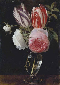 Two parrot tulips, two white roses and a pink rose in a glass vase on a wooden ledge