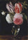 Two parrot tulips, two white roses and a pink rose in a glass vase on a wooden ledge in kitchen