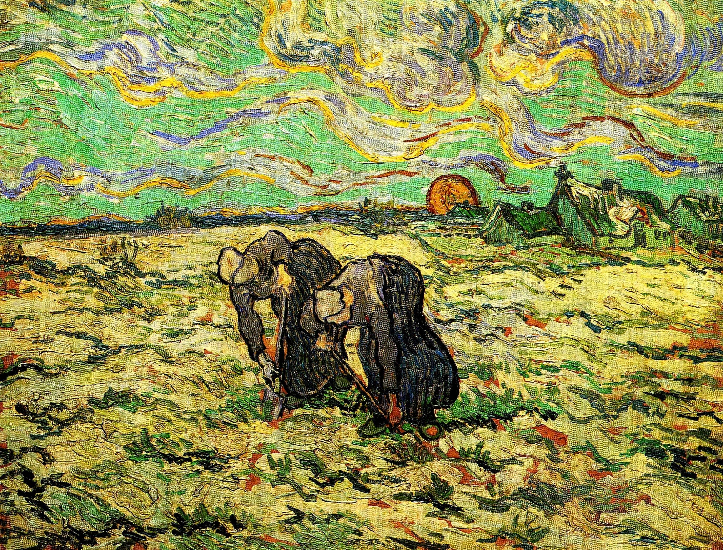 Two Peasant Women Digging in Field with Snow - Vincent van Gogh