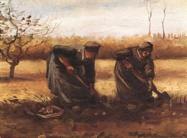 Two peasant women digging potatoes on gallery wrap