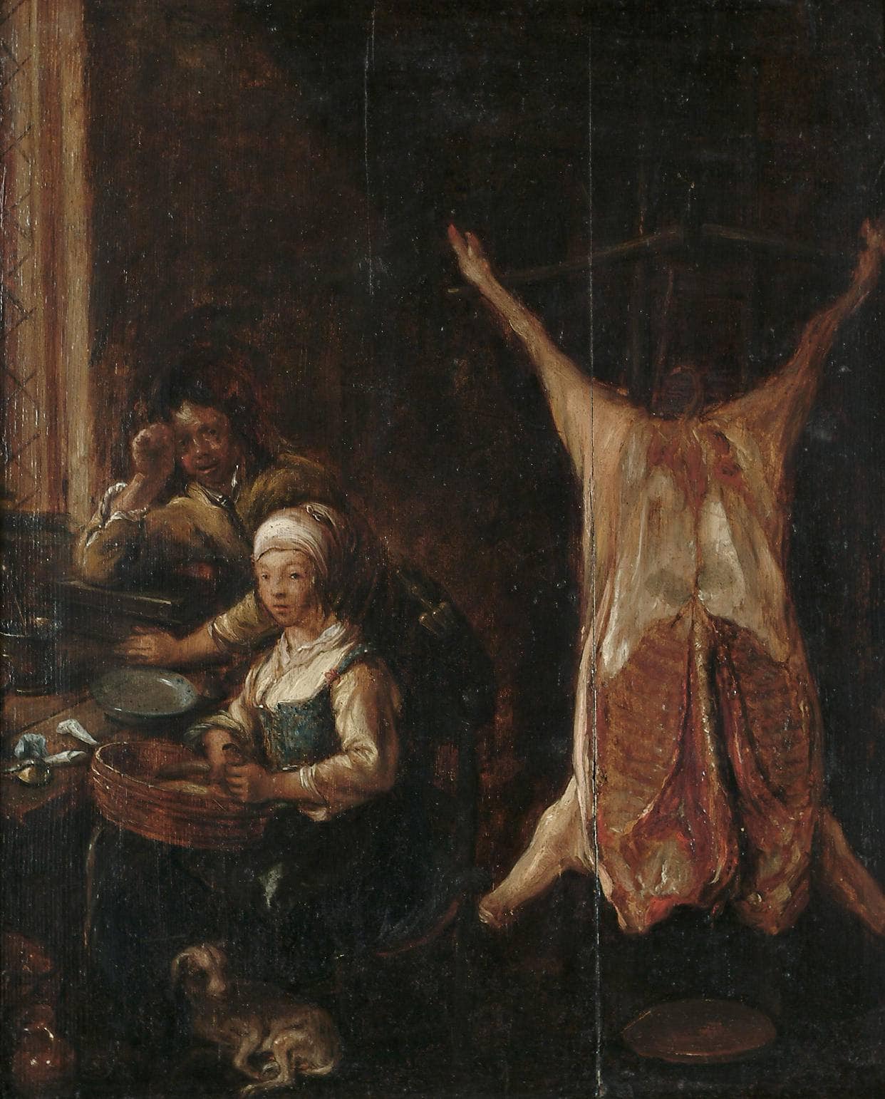 Two Peasants in a Kitchen Interior with a Pig's Carcass Hanging Nearby