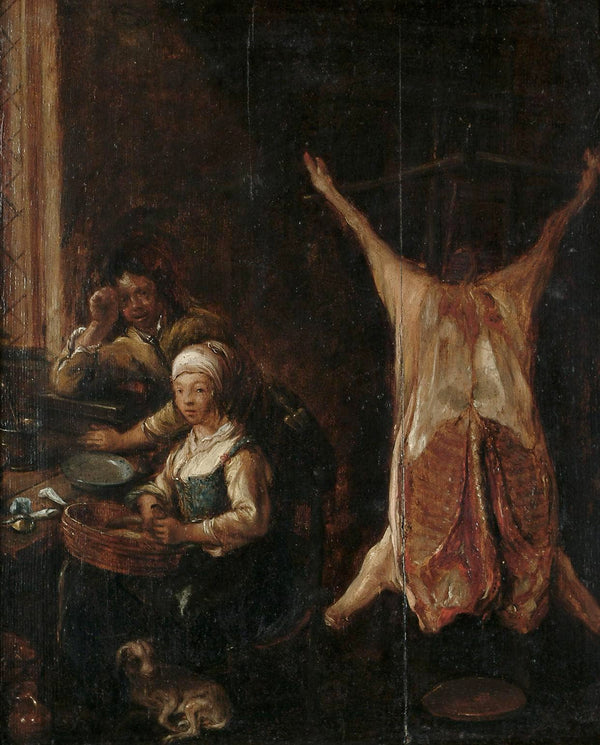 Two Peasants in a Kitchen Interior with a Pig's Carcass Hanging Nearby