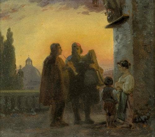 Two pifferari playing under a Madonna devotional image, in the background the dome of St. Peter by Ernst Meyer — hand-painted portrait oil painting reproduction on canvas