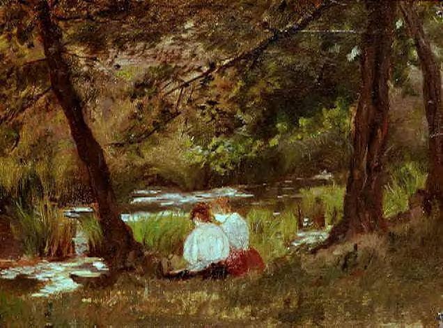 Two Women Seated by a Woodland Stream on gallery wrap