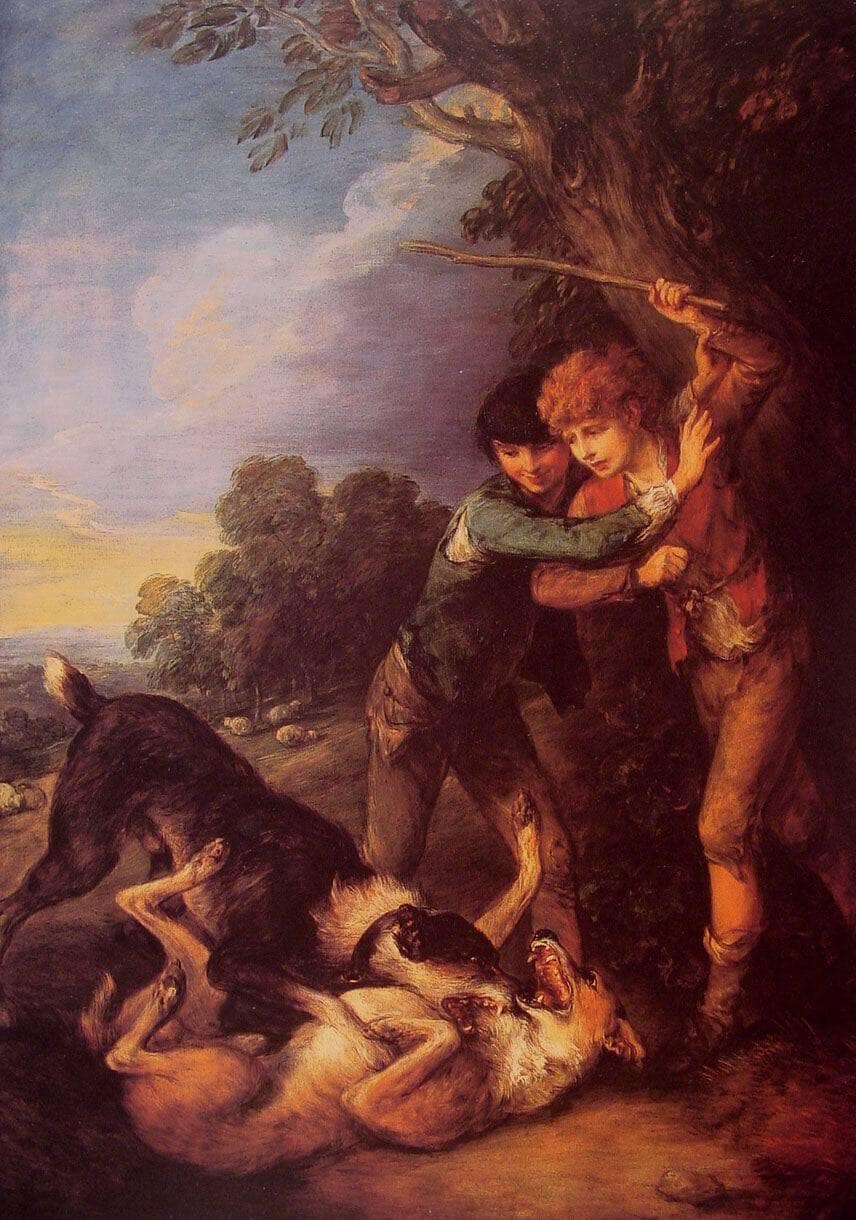 Two Shepherd Boys with Dogs Fighting by Thomas Gainsborough — hand-painted animal oil painting reproduction on canvas