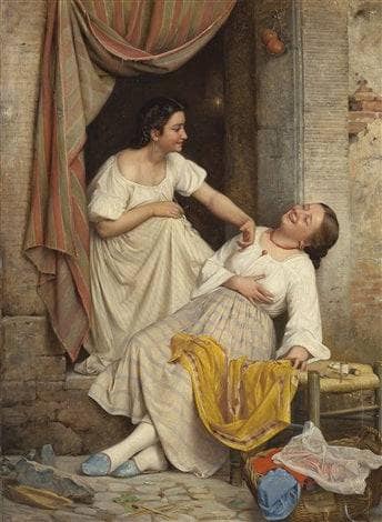 Two smiling girls by Carl Bloch — hand-painted portrait oil painting reproduction on canvas