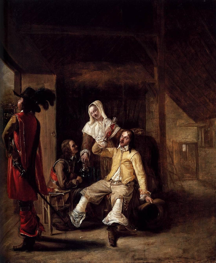 Two Soldiers and a Serving Woman with a Trumpeter by Pieter de Hooch — hand-painted portrait oil painting reproduction on canvas