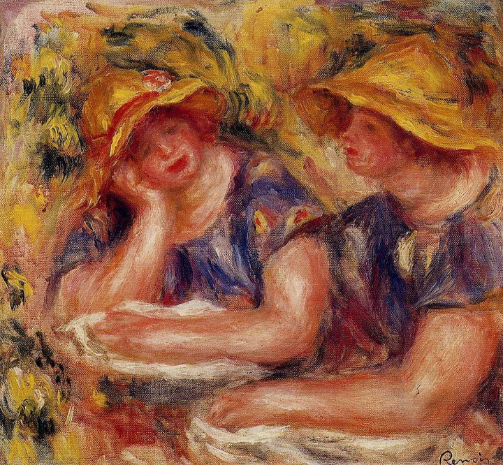Two Women in Blue Blouses by Pierre-Auguste Renoir — hand-painted portrait oil painting reproduction on canvas