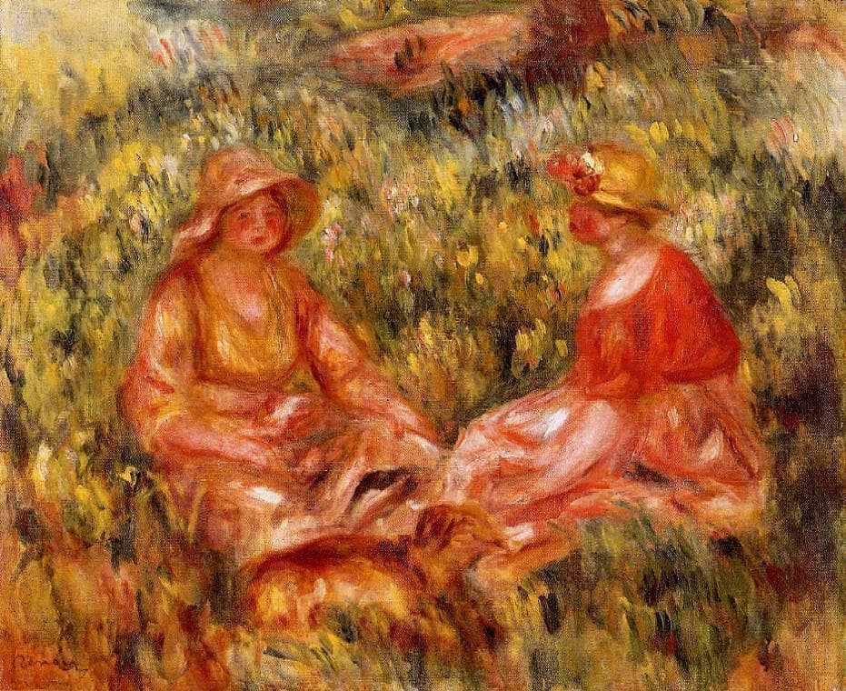 Two Women in the Grass by Pierre-Auguste Renoir — hand-painted portrait oil painting reproduction on canvas