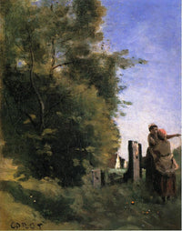 Two Women Talking by a Gate by Camille Corot — hand-painted botanical oil painting reproduction on canvas
