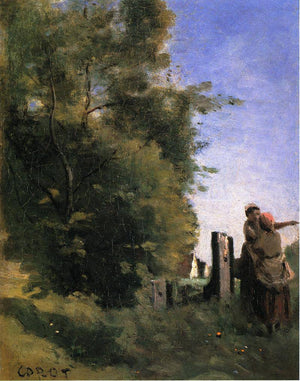 Two Women Talking by a Gate - Camille Corot