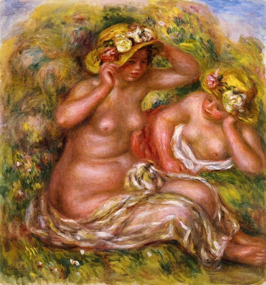 Two Women with Flowered Hat by Pierre-Auguste Renoir — hand-painted cultural oil painting reproduction on canvas