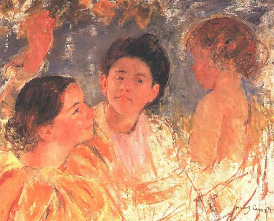 Two Young Girls with a Child by Mary Cassatt, hand-painted portrait oil painting reproduction on canvas