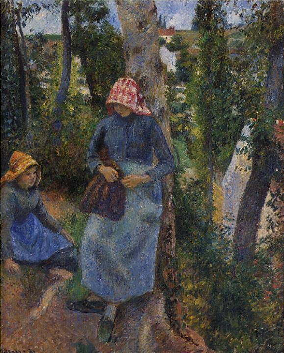 Two Young Peasants Chatting under the Trees - Camille Pissarro