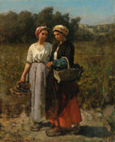 Two young woman picking grapes  (Study for âThe vintage at Château Lagrangeâ) by Jules Breton — group oil painting wall art, Realism