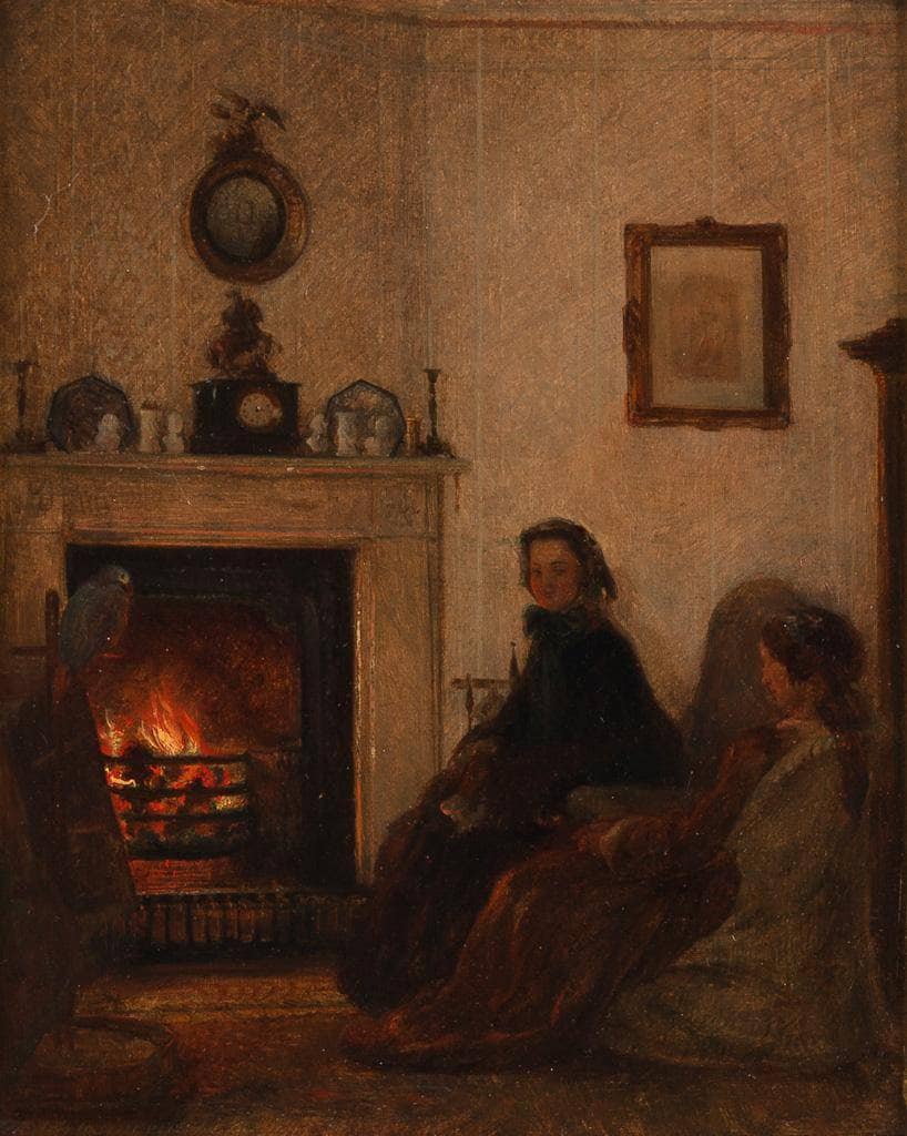 Two young women are warming themselves in the fireplace room, looking at the tame parrot by Felix Schlesinger — hand-painted still oil painting reproduction on canvas
