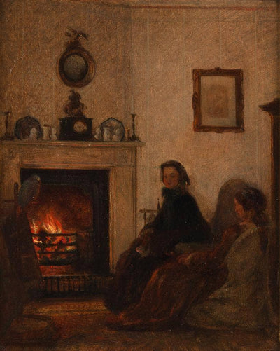 Two young women are warming themselves in the fireplace room, looking at the tame parrot in dining room