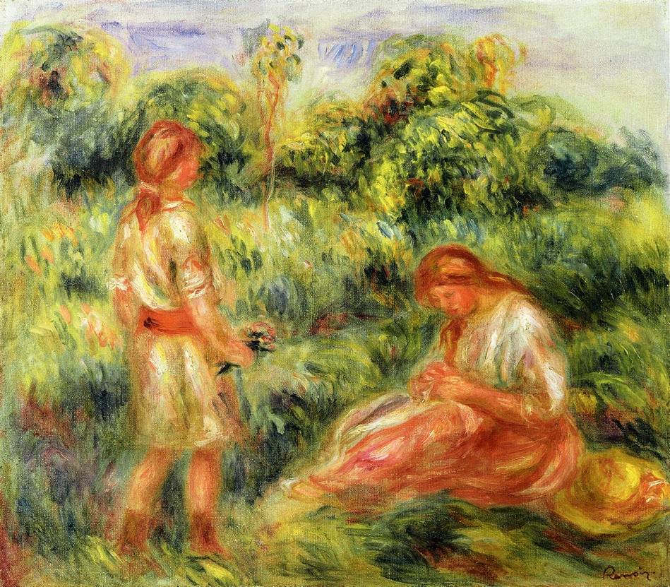 Two Young Women in a Landscape by Pierre-Auguste Renoir — hand-painted portrait oil painting reproduction on canvas