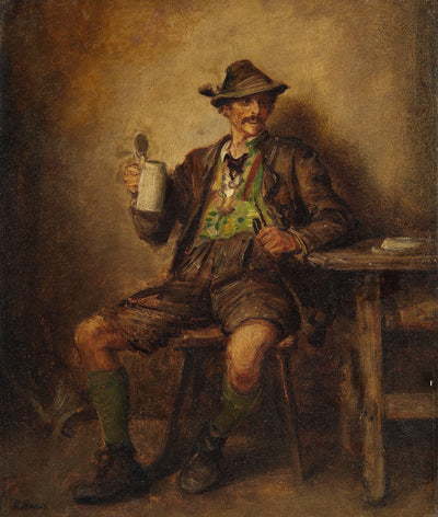 Tyrolean farmer with beer mug and pipe in apartment