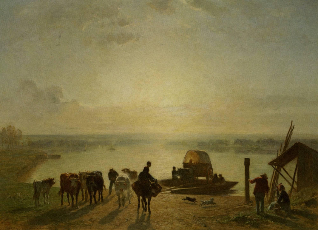 Unloading the Ferry by Constant Troyon — hand-painted animal oil painting reproduction on canvas