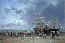 Unloading the Newfoundland Fishing Boat by Eugene Boudin — hand-painted nautical oil painting reproduction on canvas