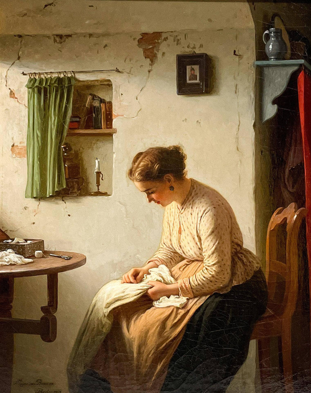 Untitled (woman sewing) by Meyer von Bremen — hand-painted portrait oil painting reproduction on canvas